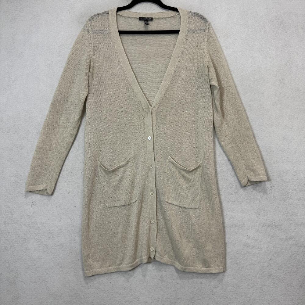 Eileen Fisher Cardigan Sweater Womens Medium Beige V Neck Linen Knit Pockets